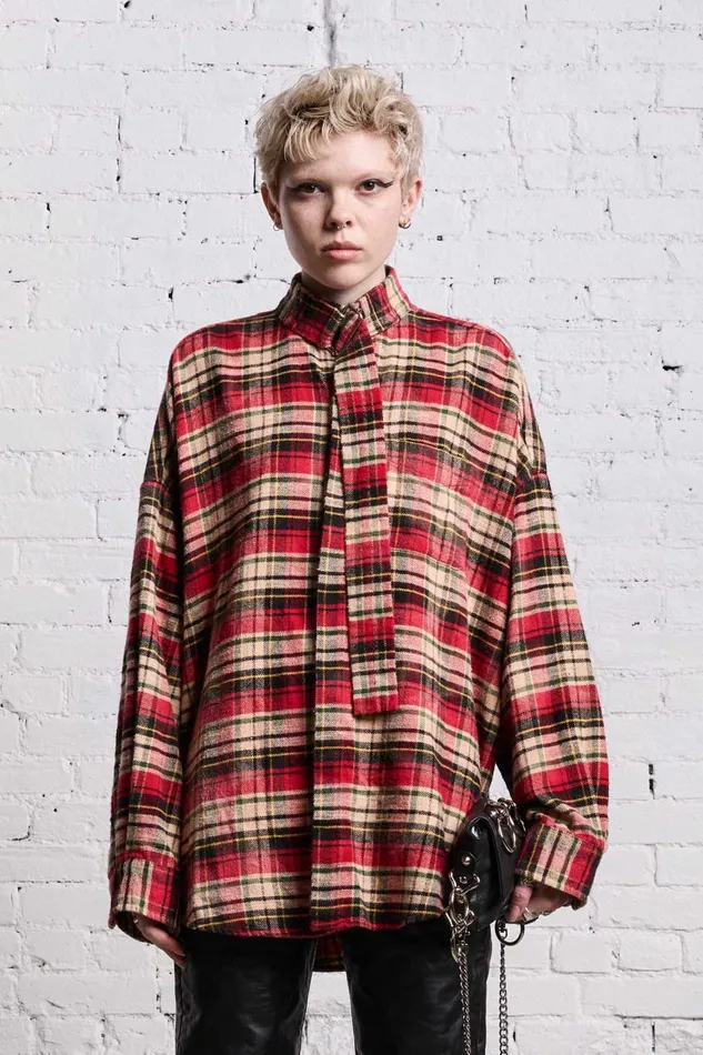 R13 Tops Women OVERSIZED BELT COLLAR SHIRT 8211 BLEACHED RED PLAID