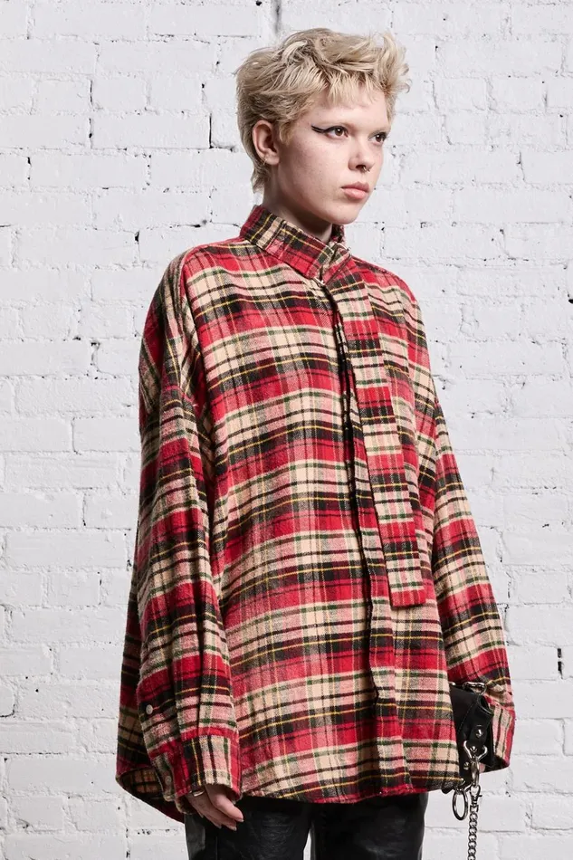 R13 Tops Women OVERSIZED BELT COLLAR SHIRT 8211 BLEACHED RED PLAID