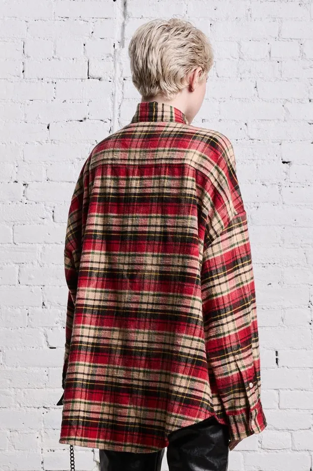 R13 Tops Women OVERSIZED BELT COLLAR SHIRT 8211 BLEACHED RED PLAID