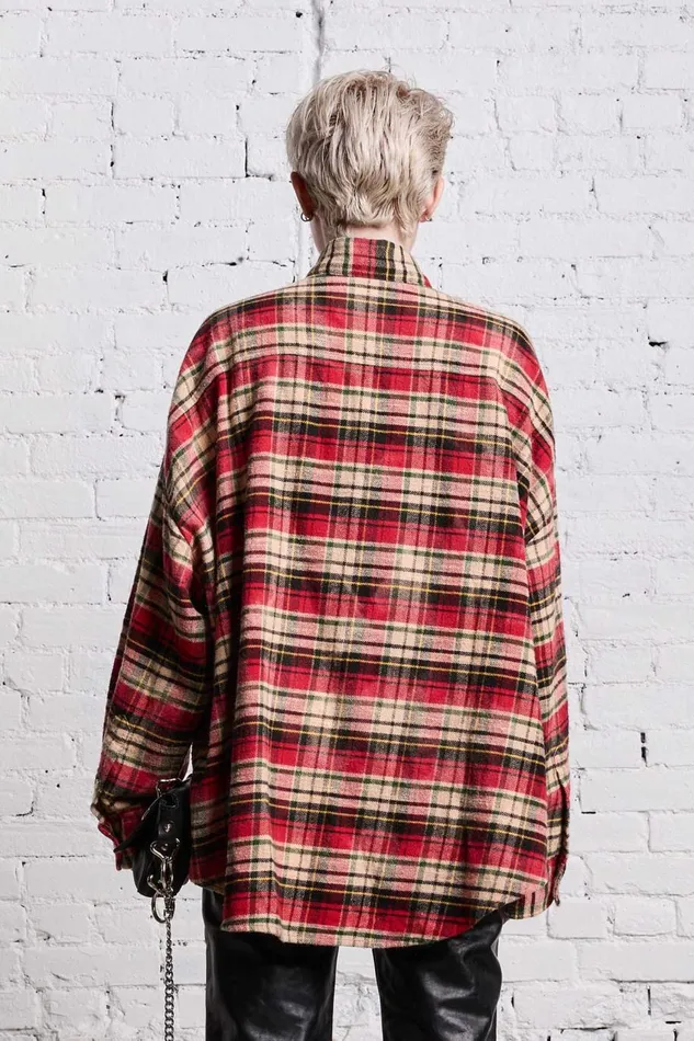 R13 Tops Women OVERSIZED BELT COLLAR SHIRT 8211 BLEACHED RED PLAID