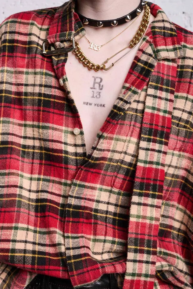 R13 Tops Women OVERSIZED BELT COLLAR SHIRT 8211 BLEACHED RED PLAID