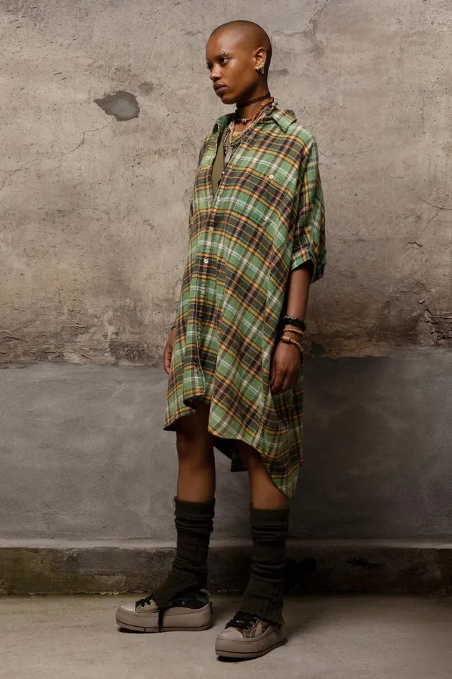 R13 Tops Women OVERSIZED BOXY SHIRTDRESS 8211 GREEN PLAID