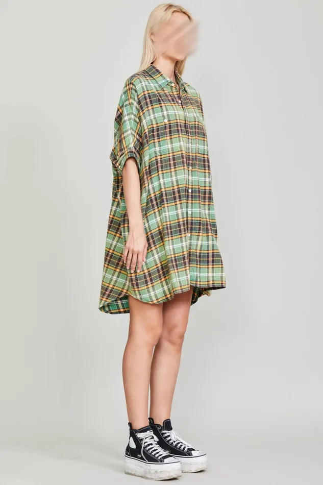 R13 Tops Women OVERSIZED BOXY SHIRTDRESS 8211 GREEN PLAID