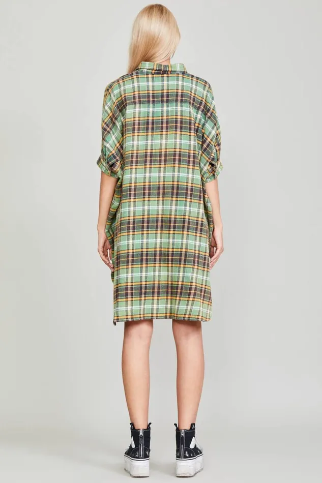 R13 Tops Women OVERSIZED BOXY SHIRTDRESS 8211 GREEN PLAID