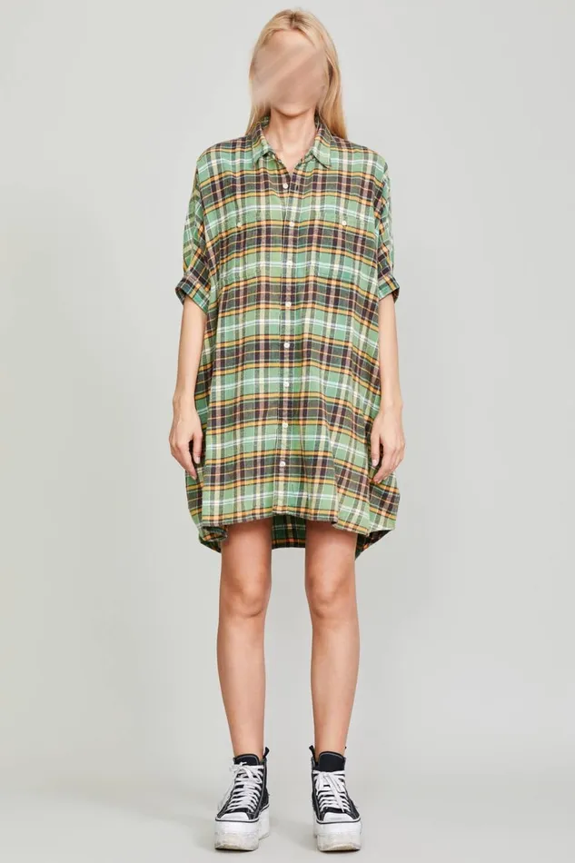 R13 Tops Women OVERSIZED BOXY SHIRTDRESS 8211 GREEN PLAID