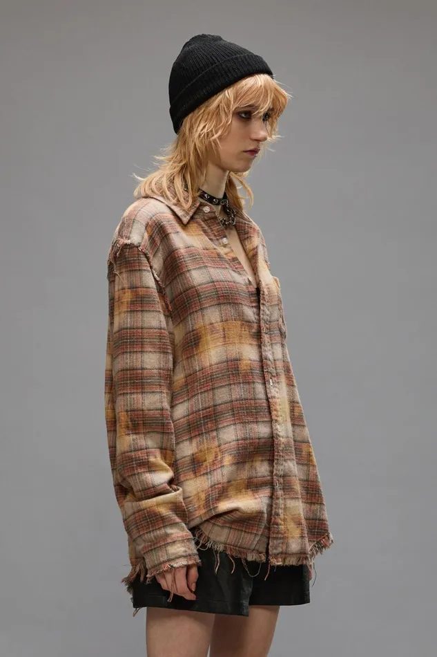 R13 Tops Women SHREDDED SEAM SHIRT 8211 BLEACHED ORANGE PLAID