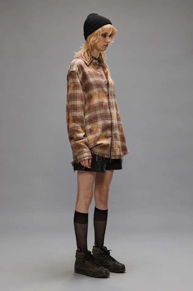 R13 Tops Women SHREDDED SEAM SHIRT 8211 BLEACHED ORANGE PLAID