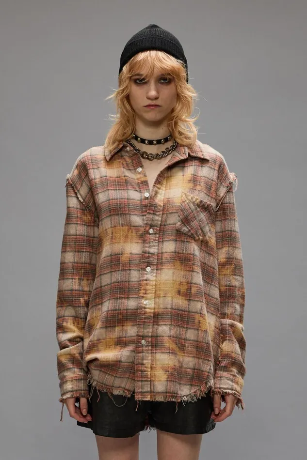 R13 Tops Women SHREDDED SEAM SHIRT 8211 BLEACHED ORANGE PLAID