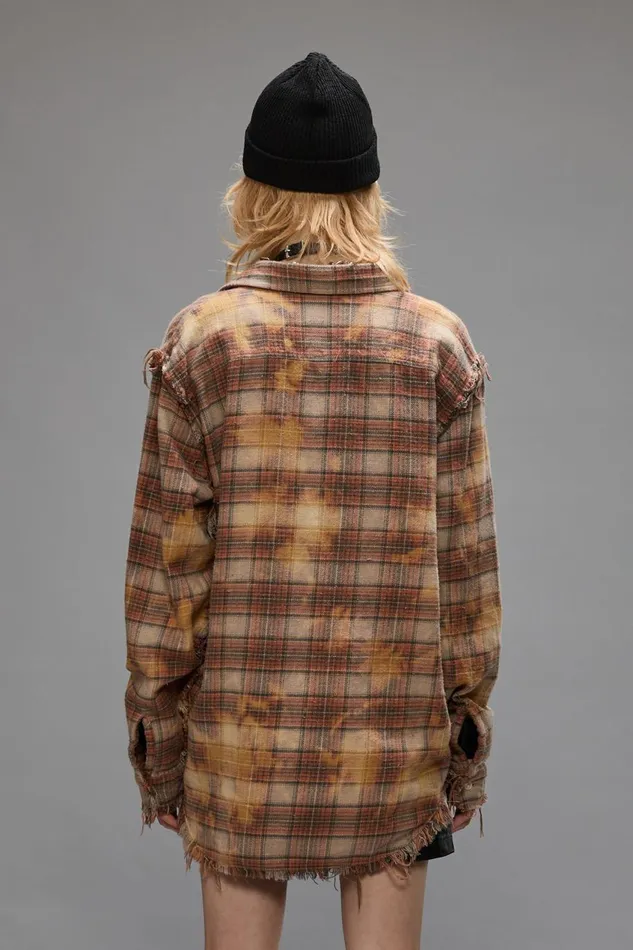 R13 Tops Women SHREDDED SEAM SHIRT 8211 BLEACHED ORANGE PLAID