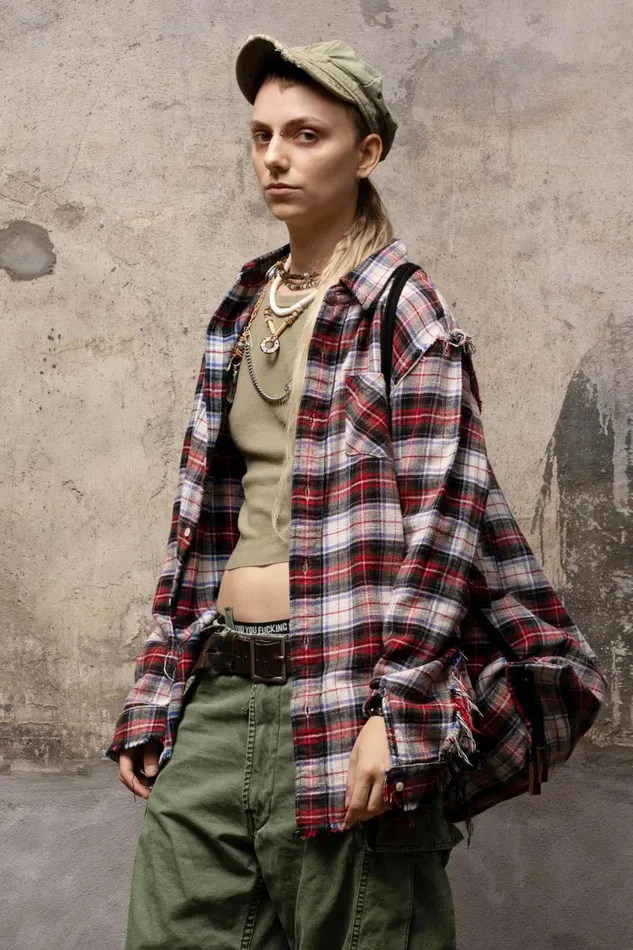 R13 Tops Women SHREDDED SEAM SHIRT 8211 ECRU PLAID