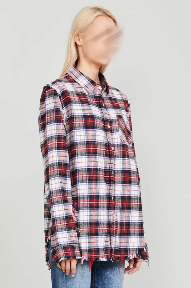 R13 Tops Women SHREDDED SEAM SHIRT 8211 ECRU PLAID