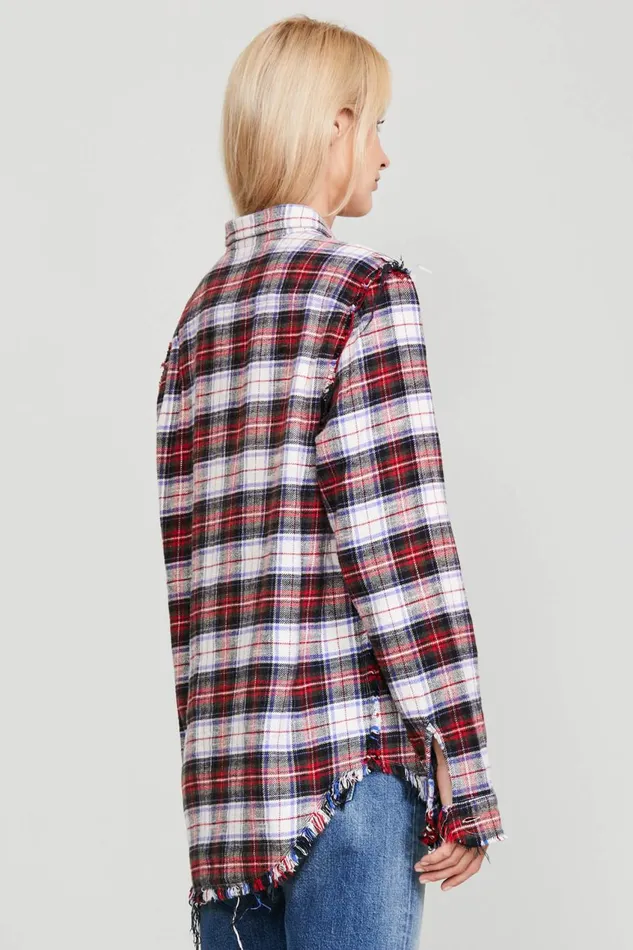 R13 Tops Women SHREDDED SEAM SHIRT 8211 ECRU PLAID