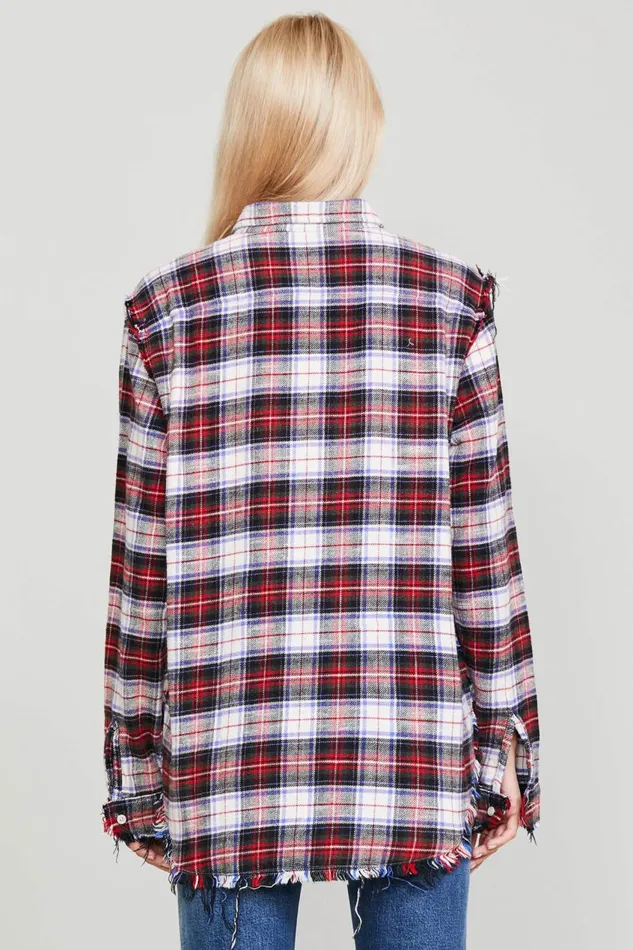 R13 Tops Women SHREDDED SEAM SHIRT 8211 ECRU PLAID