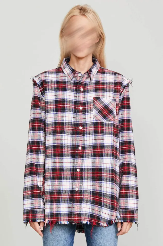 R13 Tops Women SHREDDED SEAM SHIRT 8211 ECRU PLAID