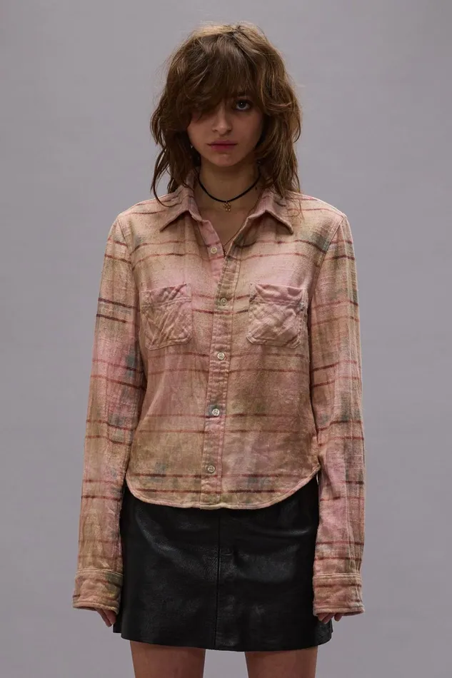 R13 Tops Women SHRUNKEN WORKSHIRT 8211 PINK OVERDYED PLAID