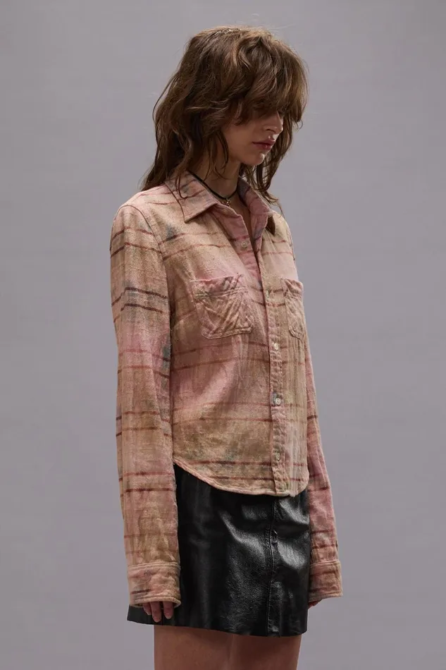 R13 Tops Women SHRUNKEN WORKSHIRT 8211 PINK OVERDYED PLAID