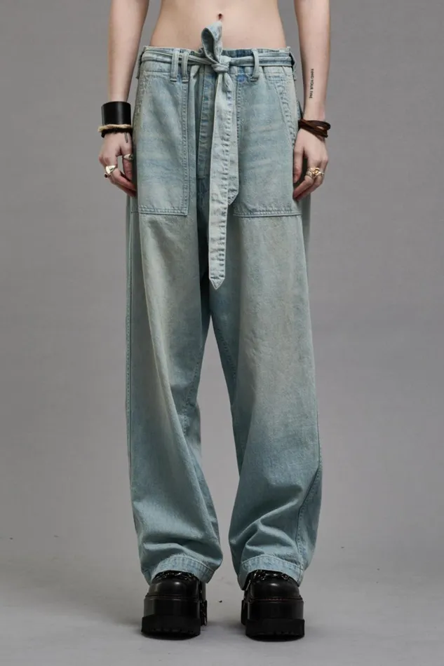 R13 Wide Leg Women BELTED VENTI UTILITY PANT 8211 LENNON BLUE