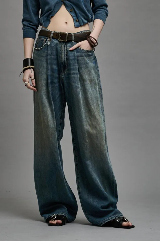 R13 Wide Leg Women DAMON PLEATED WIDE LEG 8211 WEBER LINEN INDIGO