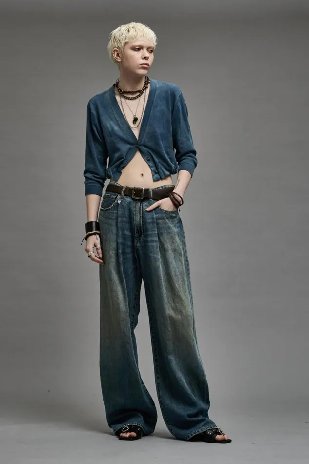 R13 Wide Leg Women DAMON PLEATED WIDE LEG 8211 WEBER LINEN INDIGO
