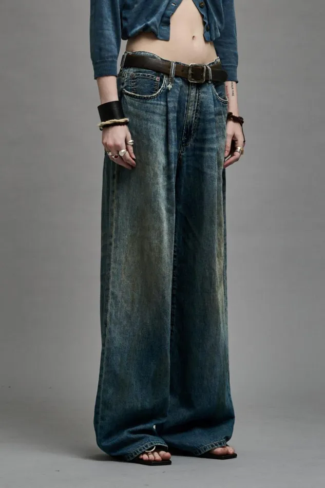 R13 Wide Leg Women DAMON PLEATED WIDE LEG 8211 WEBER LINEN INDIGO