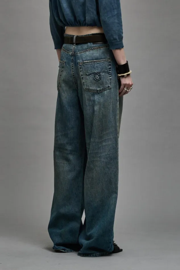 R13 Wide Leg Women DAMON PLEATED WIDE LEG 8211 WEBER LINEN INDIGO