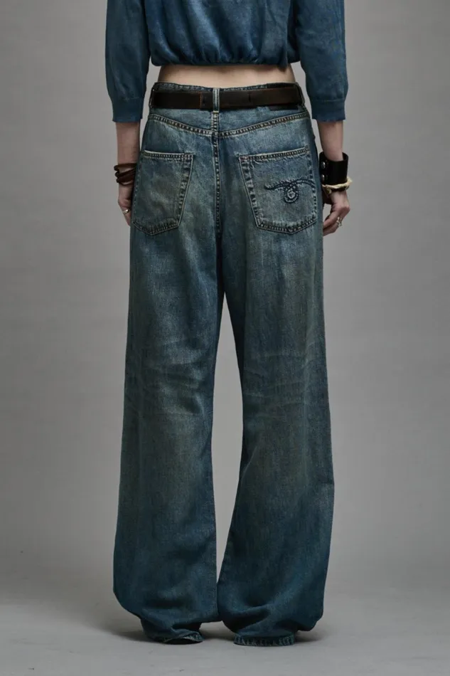 R13 Wide Leg Women DAMON PLEATED WIDE LEG 8211 WEBER LINEN INDIGO