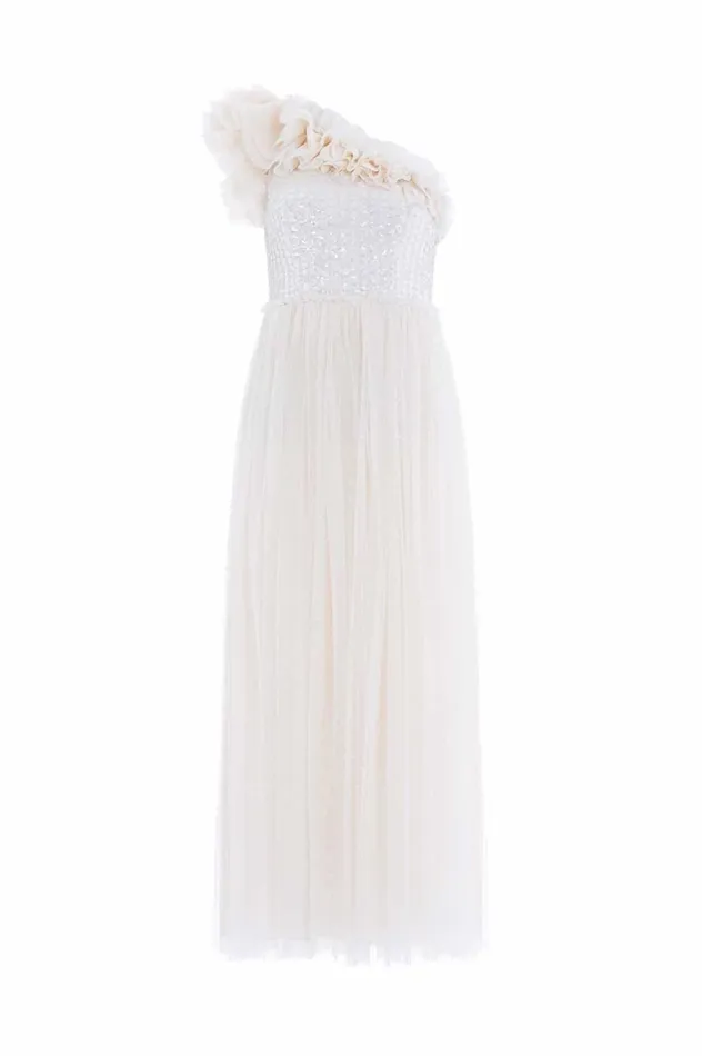 Raindrop Bodice OneShoulder Ankle Gown Champagne Women Needle and Thread Dresses
