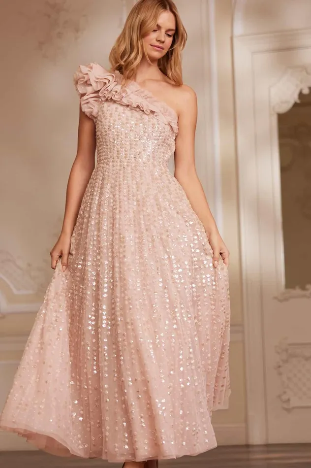 Raindrop OneShoulder Ankle Gown Beige Women Needle and Thread Dresses