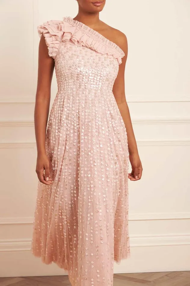 Raindrop OneShoulder Ankle Gown Beige Women Needle and Thread Dresses