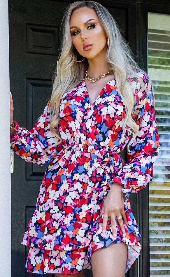 Raven Wrap Front Floral Frill Dress Women Missfiga Wrap Dresses