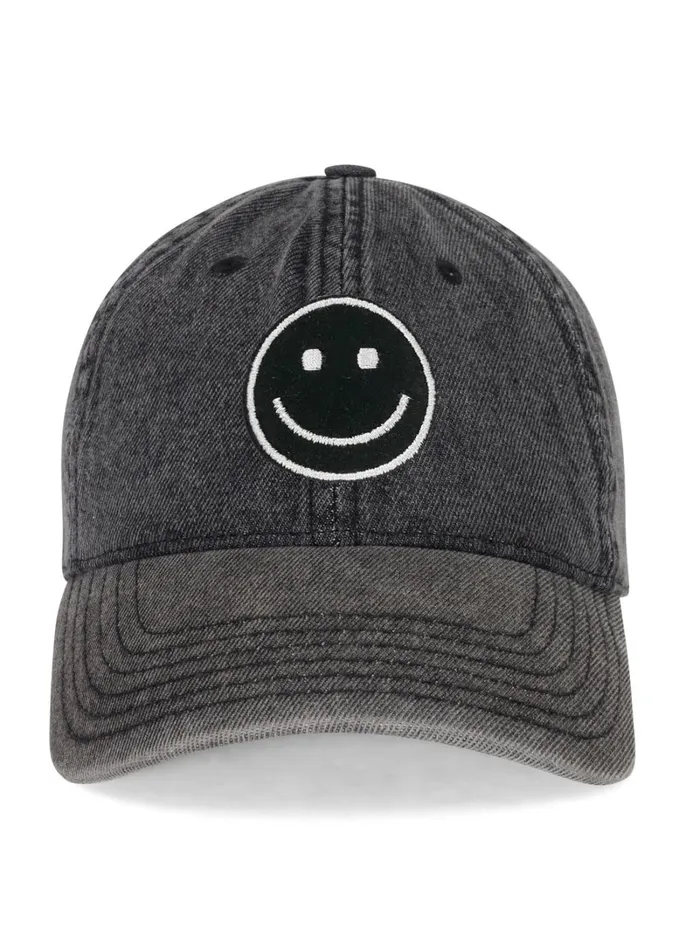 Reina Silver Smiley Patch Washed Black Women039s Lauren Moshi Hats