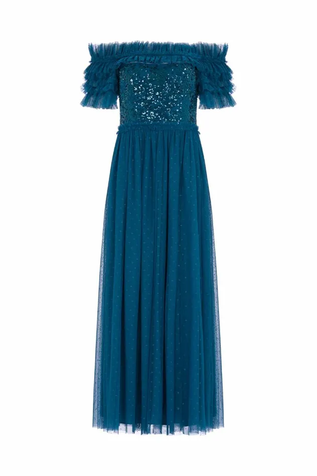 Sequin Wreath Bodice OffShoulder Ankle Gown Blue Women Needle and Thread Dresses