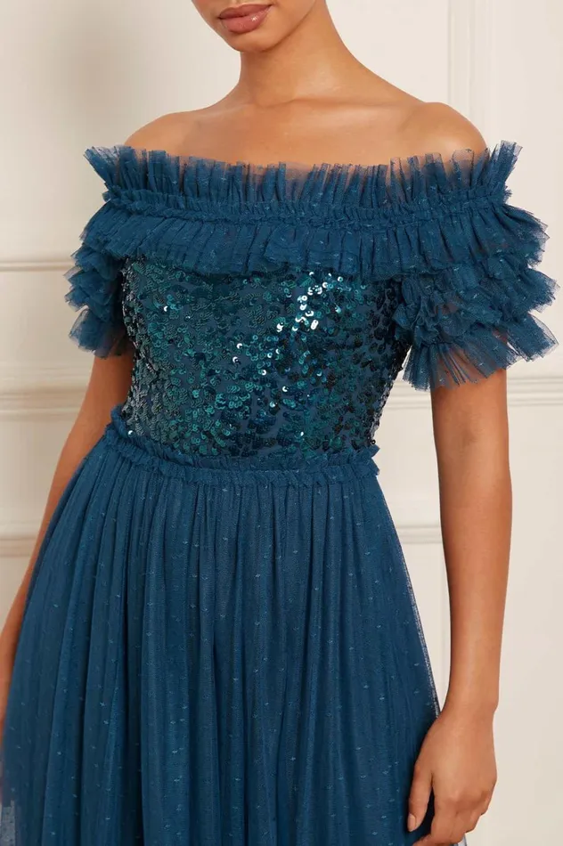 Sequin Wreath Bodice OffShoulder Ankle Gown Blue Women Needle and Thread Dresses