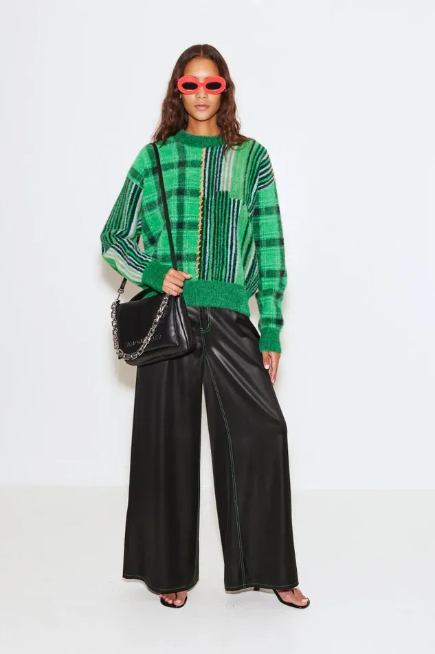 Shop Simon Miller KNITWEAR Calder Sweater Green Plaid Stacked Stripe
