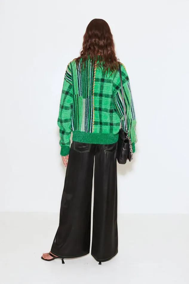Shop Simon Miller KNITWEAR Calder Sweater Green Plaid Stacked Stripe