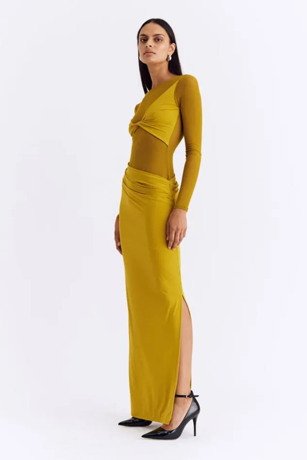Shop SUBOO Dresses Auguste Long Sleeve Mesh Jersey Maxi 8211 Citron