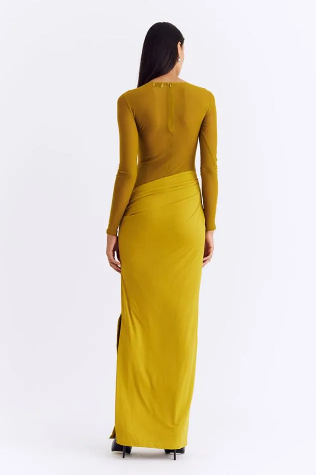 Shop SUBOO Dresses Auguste Long Sleeve Mesh Jersey Maxi 8211 Citron
