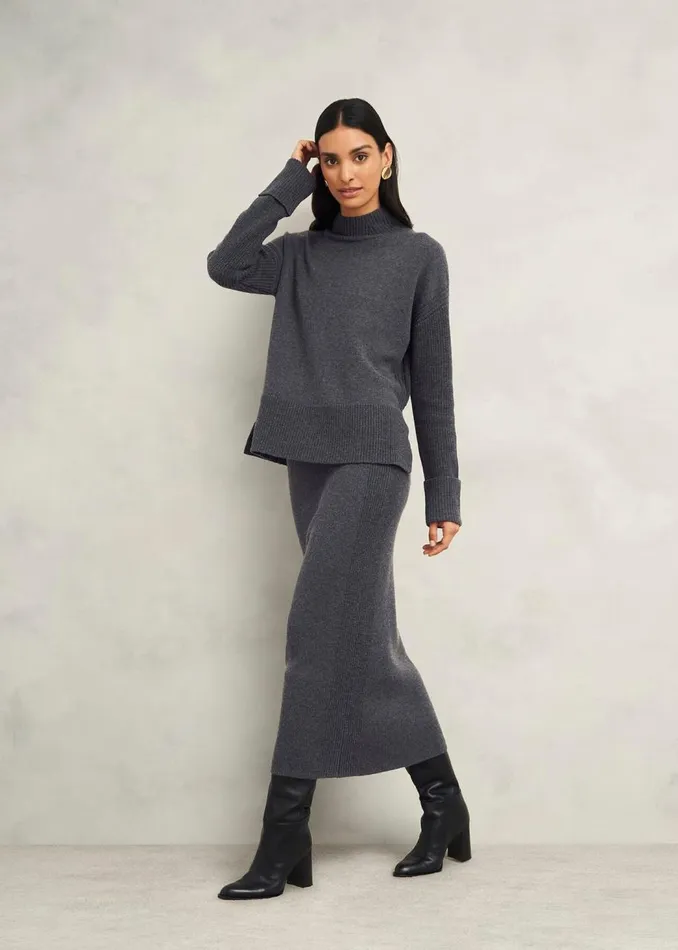 Skirts Women HOBBS Gaskell CoOrd Wool Cotton Skirt Dark Grey Marl
