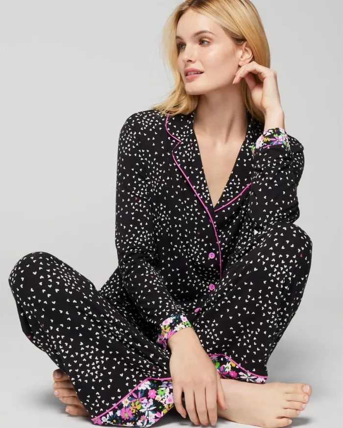 Soma Cool Nights LongSleeve Notch Collar Top Heartbreaker Black Women Matching Sets and Separates