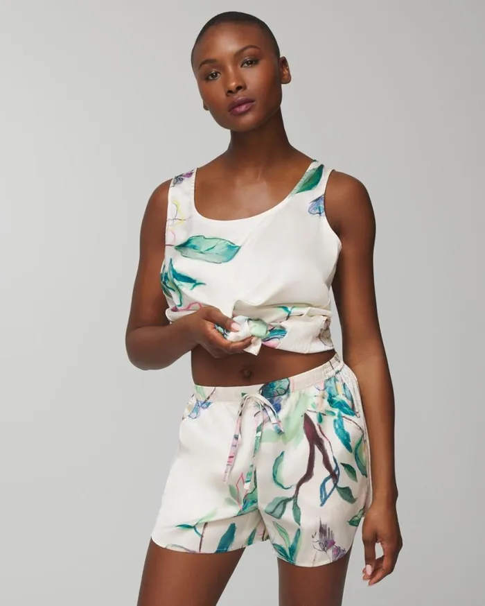 Soma Satin Flirty Shorts Sketchbook Flora G Ivory Women Matching Sets and Separates