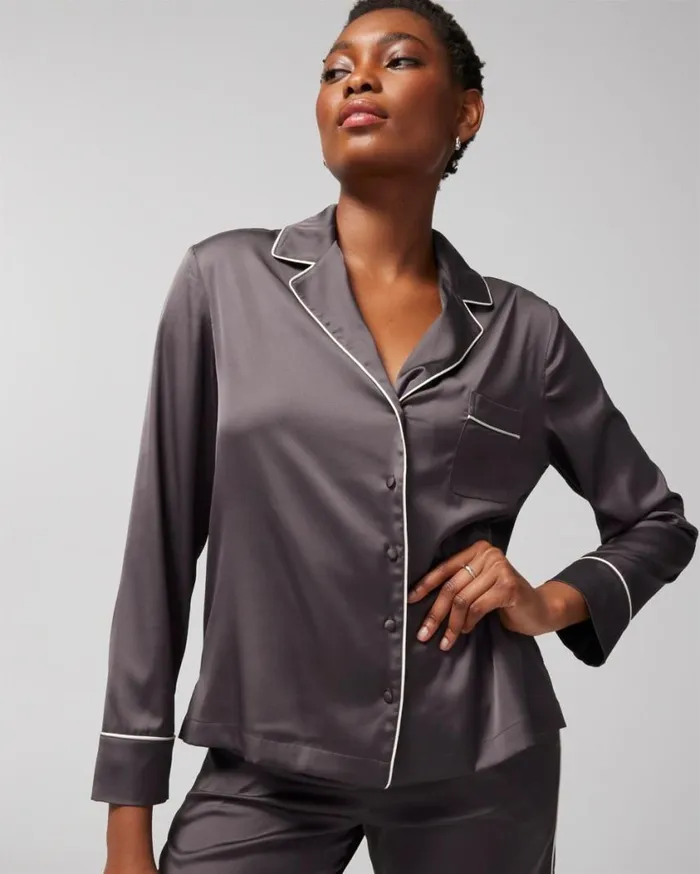 Soma Satin LongSleeve Notch Collar Pajama Top Paradise Soiree White Sk Women Matching Sets and Separates Soma Satin LongSleeve Notch Collar Pajama Top Paradise Soiree White Sk Women Matching Sets and Separates