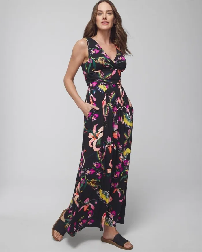 Soma Soft Jersey Maxi Bra Dress Paradise Garden Party Blk Women Long Dresses