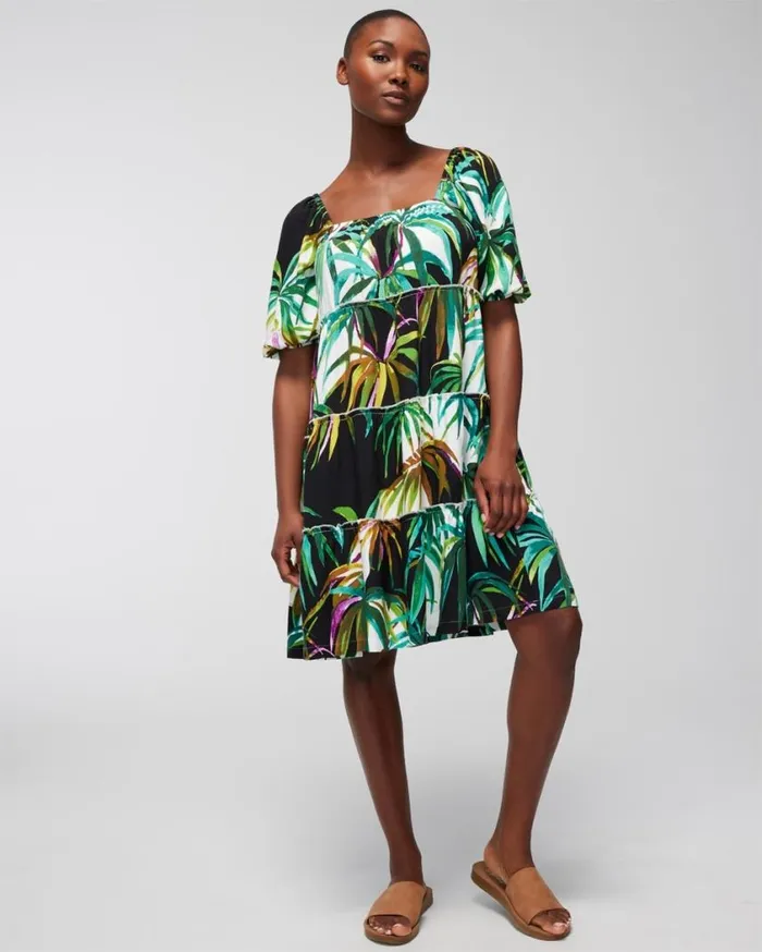 Soma Woven Tiered Short Bra Dress Bungalow Palms Coconut Women Short Dresses