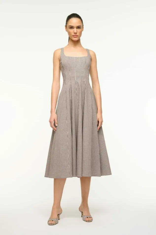 STAUD Dresses WELLS DRESS Dark Chocolate Micro Check 8211 Women