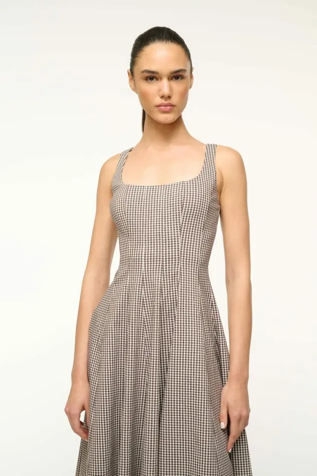 STAUD Dresses WELLS DRESS Dark Chocolate Micro Check 8211 Women