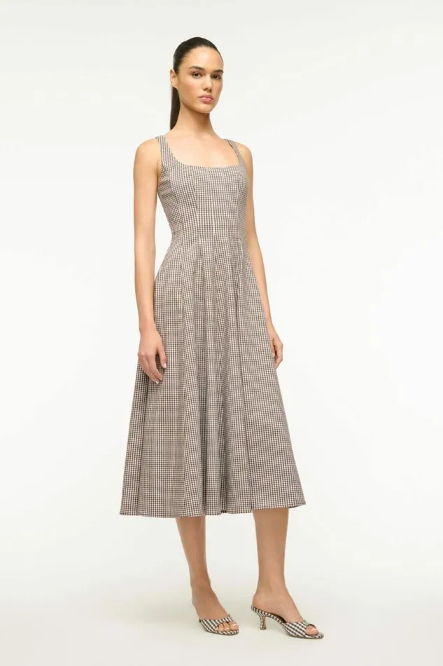 STAUD Dresses WELLS DRESS Dark Chocolate Micro Check 8211 Women