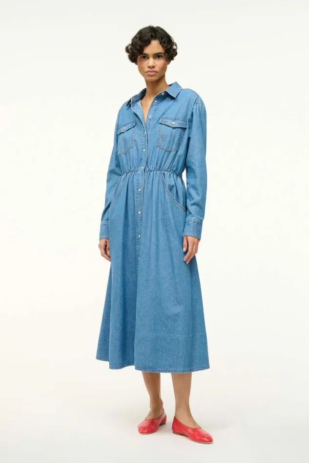 STAUD Dresses WRANGLER THE MIDI SHIRT DRESS Mid Blue 8211 Women