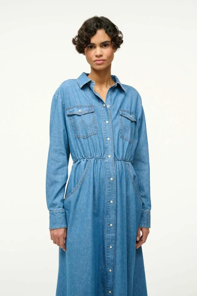 STAUD Dresses WRANGLER THE MIDI SHIRT DRESS Mid Blue 8211 Women