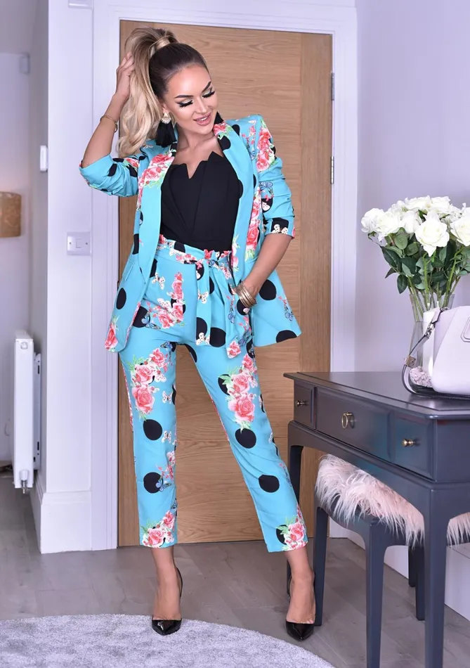 Teal Floral Polka Dot Paper Bag Pocket Belted Trousers Women Missfiga Trousers Teal Floral Polka Dot Paper Bag Pocket Belted Trousers Women Missfiga Trousers