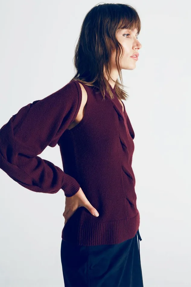 Tops Women Halston Auden Wool Cash Cable Shrug Merlot